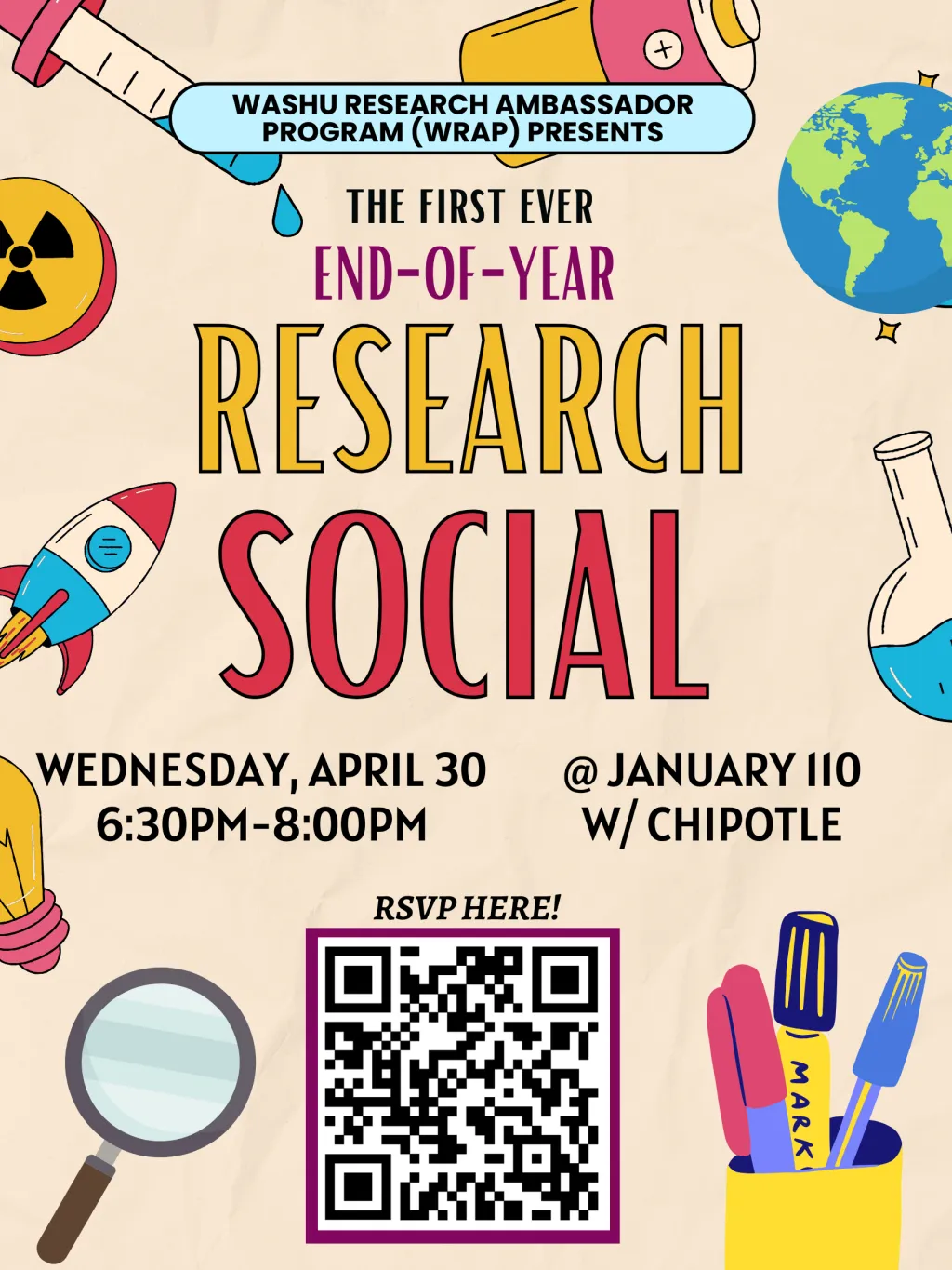 Flyer depicting details for WRAPer research social